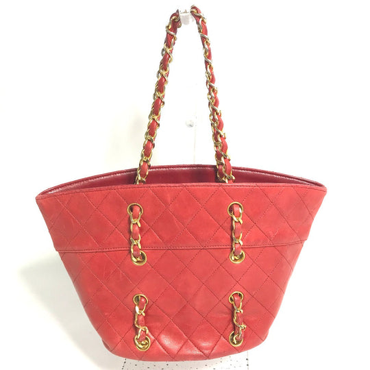 CHANEL Shoulder Bag lambskin Red vintage Matrasse quilting Women Used Authentic