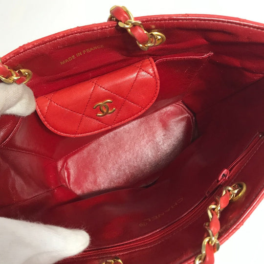 CHANEL Shoulder Bag lambskin Red vintage Matrasse quilting Women Used Authentic