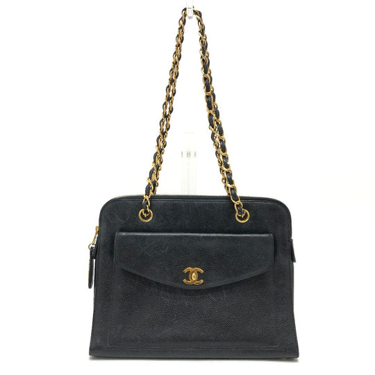 CHANEL Shoulder Bag Caviar skin black vintage COCO Mark CC Women Used Authentic
