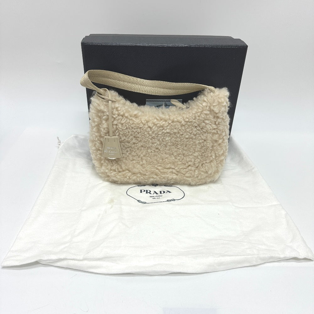 PRADA Handbag 1NE515 Sheep fur beige Triangle logo Women Secondhand Authentic