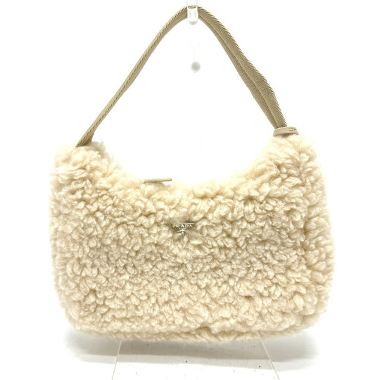 PRADA Handbag 1NE515 Sheep fur beige Triangle logo Women Secondhand Authentic