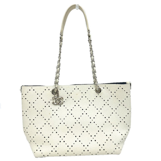 CHANEL Tote Bag Soft caviar skin white COCO Mark CC Charm Matelasse punching