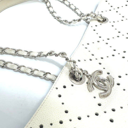 CHANEL Tote Bag Soft caviar skin white COCO Mark CC Charm Matelasse punching