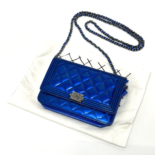 CHANEL Shoulder Bag Patent leather gunmetal blue Long Wallet Purse Bag Chain Bag Boy Chanel CC COCO Mark
