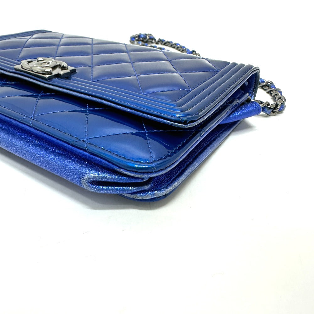CHANEL Shoulder Bag Patent leather gunmetal blue Long Wallet Purse Bag Chain Bag Boy Chanel CC COCO Mark