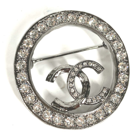 CHANEL Brooch metal Silver 21K CC COCO Mark Round Rhinestone Women Used Authentic