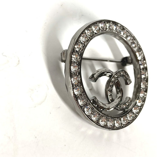 CHANEL Brooch metal Silver 21K CC COCO Mark Round Rhinestone Women Used Authentic