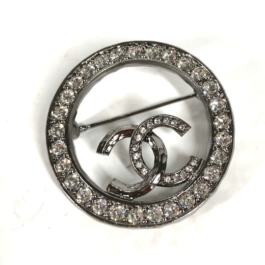 CHANEL Brooch metal Silver 21K CC COCO Mark Round Rhinestone Women Used Authentic