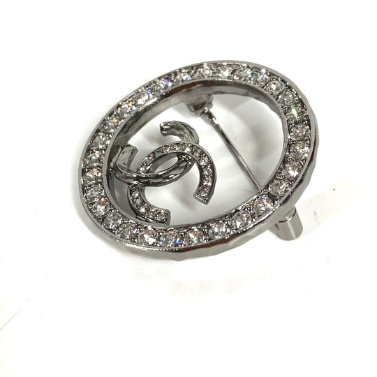 CHANEL Brooch metal Silver 21K CC COCO Mark Round Rhinestone Women Used Authentic