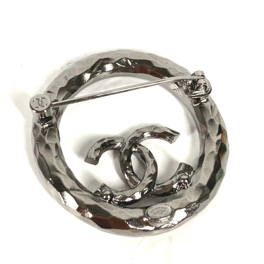 CHANEL Brooch metal Silver 21K CC COCO Mark Round Rhinestone Women Used Authentic