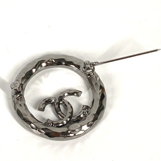 CHANEL Brooch metal Silver 21K CC COCO Mark Round Rhinestone Women Used Authentic