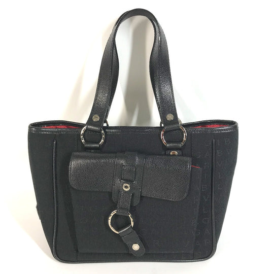 BVLGARI Shoulder Bag Leather / canvas black Tote Bag Logo mania Women Used Authentic