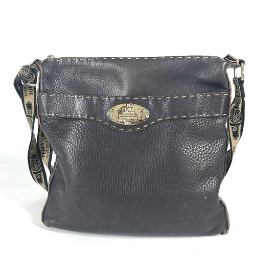 FENDI Shoulder Bag leather Dark brown Pochette Selleria logo Women Used Authentic