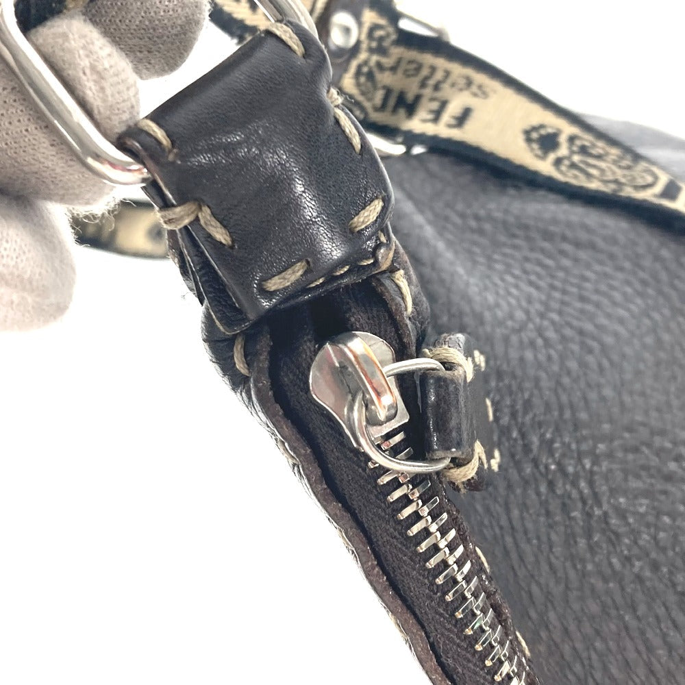 FENDI Shoulder Bag leather Dark brown Pochette Selleria logo Women Used Authentic