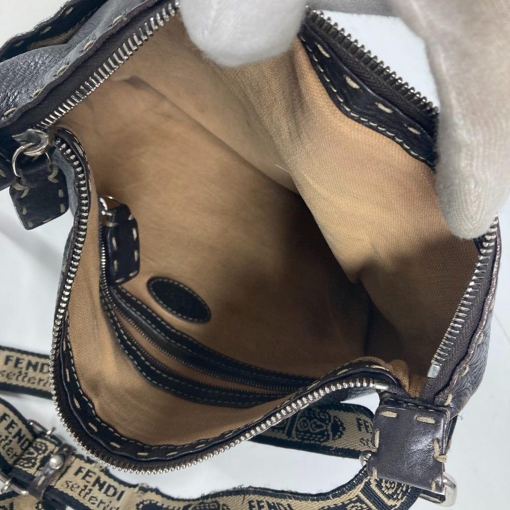 FENDI Shoulder Bag leather Dark brown Pochette Selleria logo Women Used Authentic