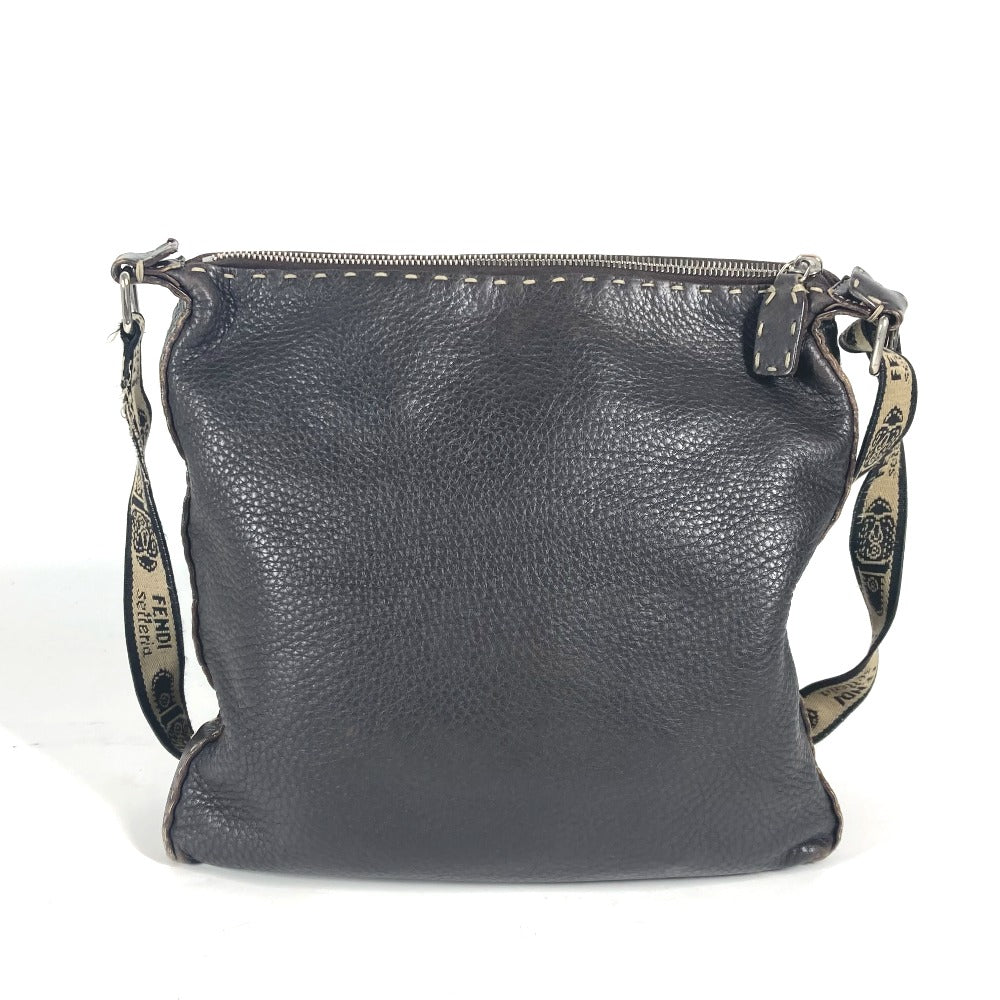FENDI Shoulder Bag leather Dark brown Pochette Selleria logo Women Used Authentic
