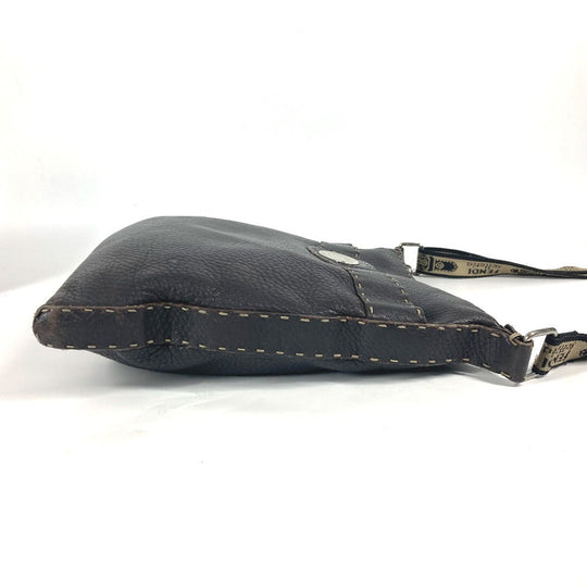 FENDI Shoulder Bag leather Dark brown Pochette Selleria logo Women Used Authentic