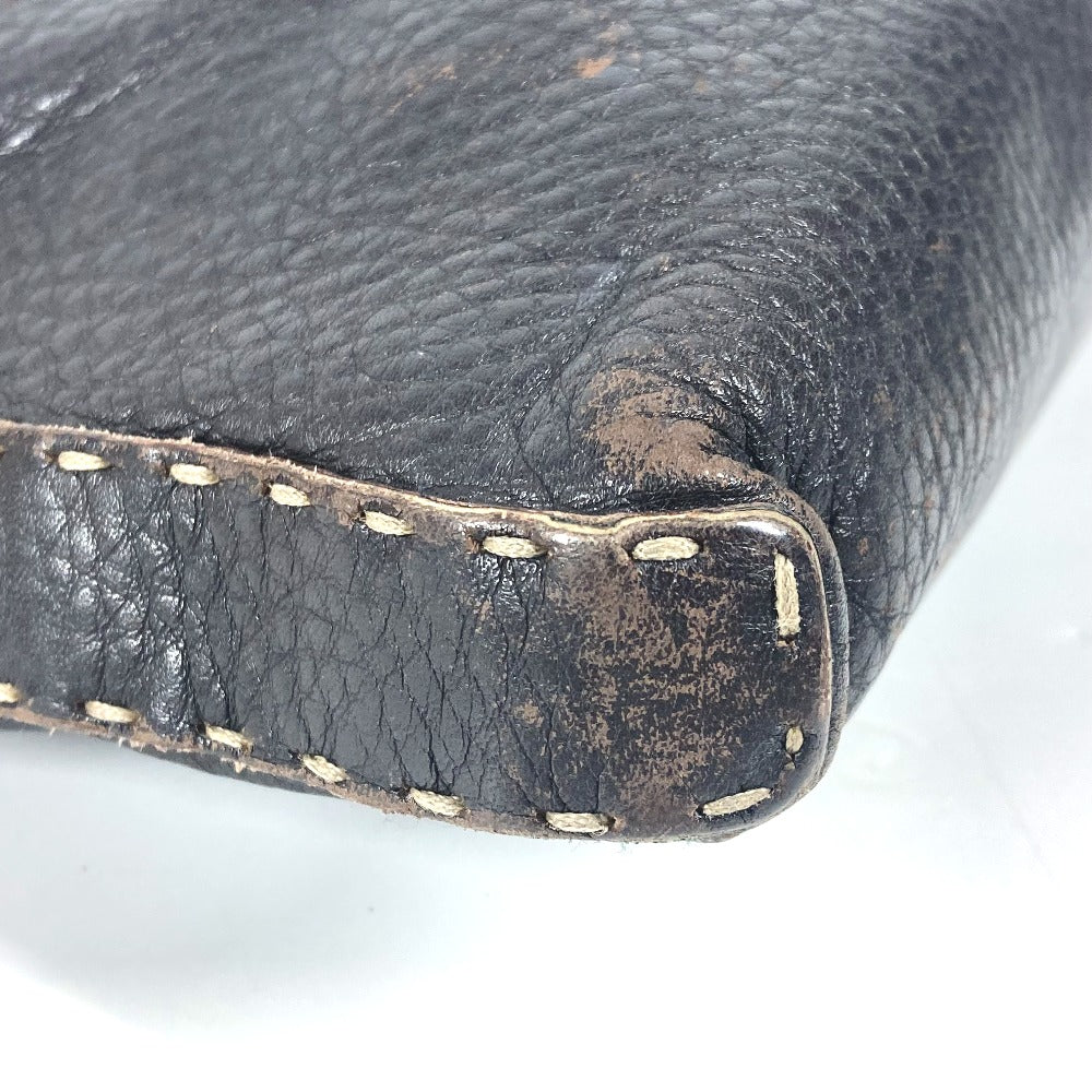 FENDI Shoulder Bag leather Dark brown Pochette Selleria logo Women Used Authentic