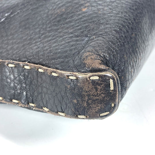 FENDI Shoulder Bag leather Dark brown Pochette Selleria logo Women Used Authentic