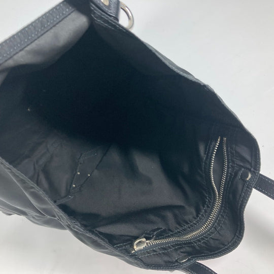PRADA Tote Bag Nylon, Leather black Embroidery Flower Metal Flower