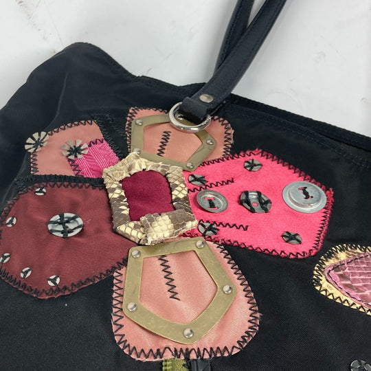 PRADA Tote Bag Nylon, Leather black Embroidery Flower Metal Flower