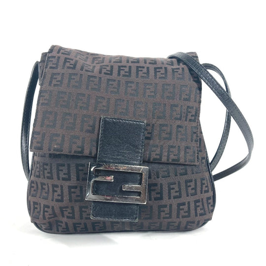 FENDI Shoulder Bag Leather / canvas Brown Zucchino logo flap Women Used Authentic