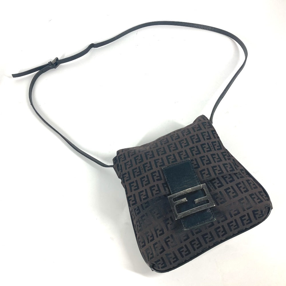 FENDI Shoulder Bag Leather / canvas Brown Zucchino logo flap Women Used Authentic