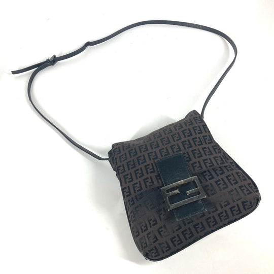 FENDI Shoulder Bag Leather / canvas Brown Zucchino logo flap Women Used Authentic