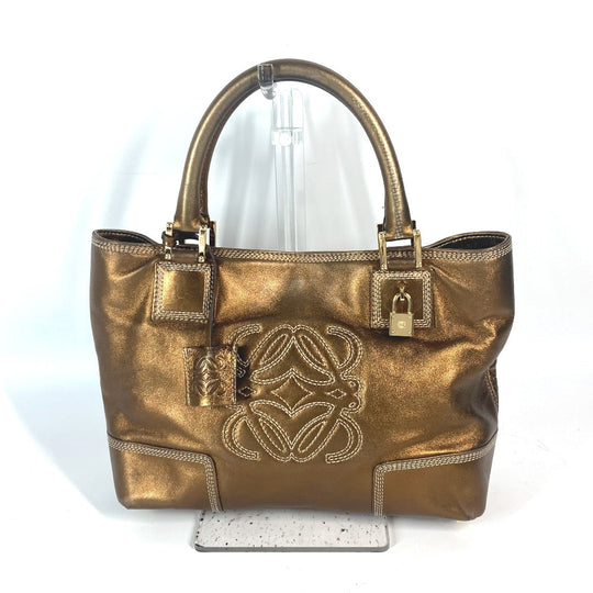LOEWE Shoulder Bag leather Metallic brown logo anagram Women Used Authentic