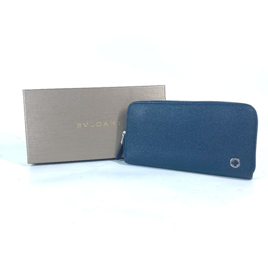 BVLGARI Long Wallet Purse 288254 leather Navy logo mens Used Authentic