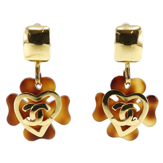 CHANEL Earring Plated Gold , Plastic Brown vintage Clover COCO Mark Heart Women Used Authentic