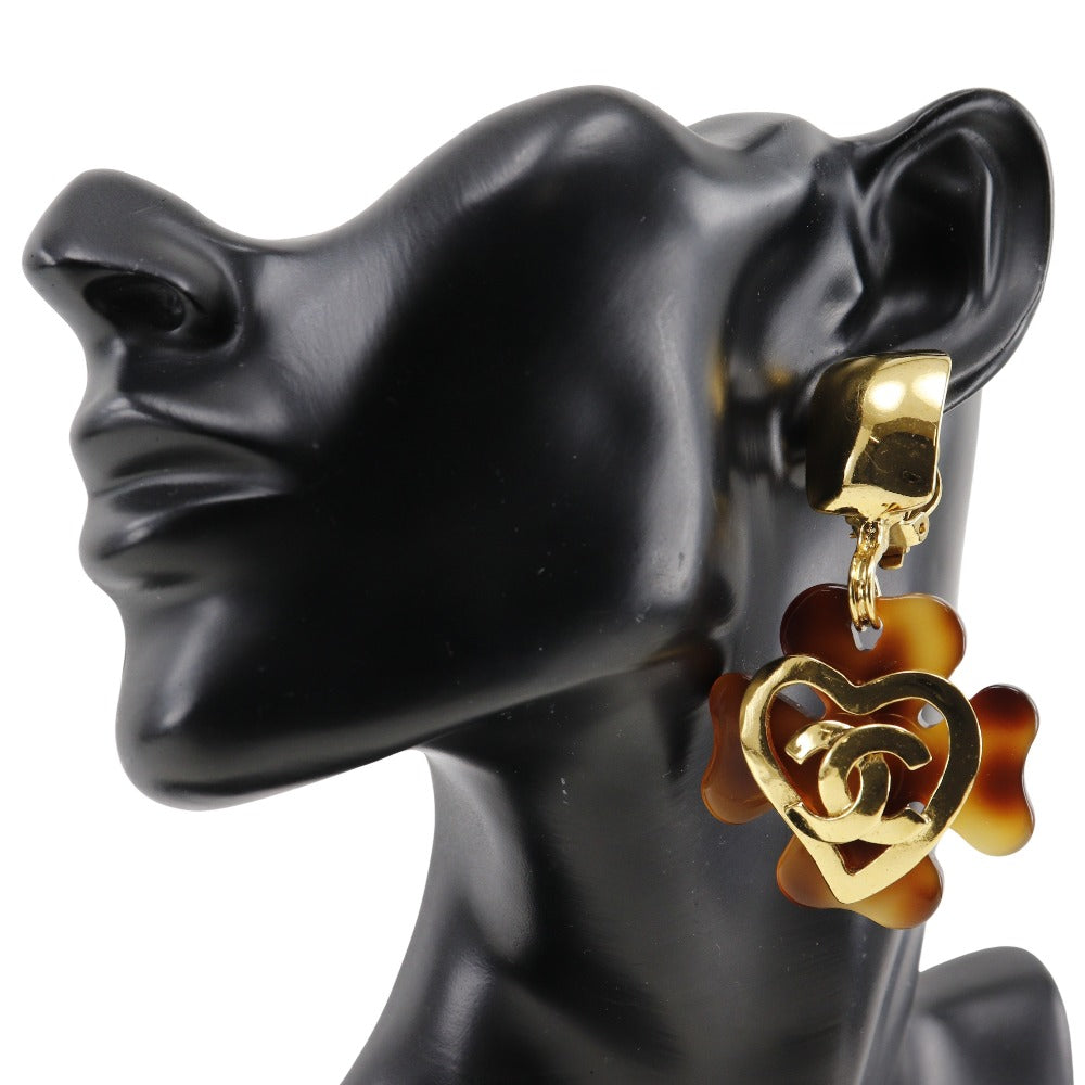 CHANEL Earring Plated Gold , Plastic Brown vintage Clover COCO Mark Heart Women Used Authentic