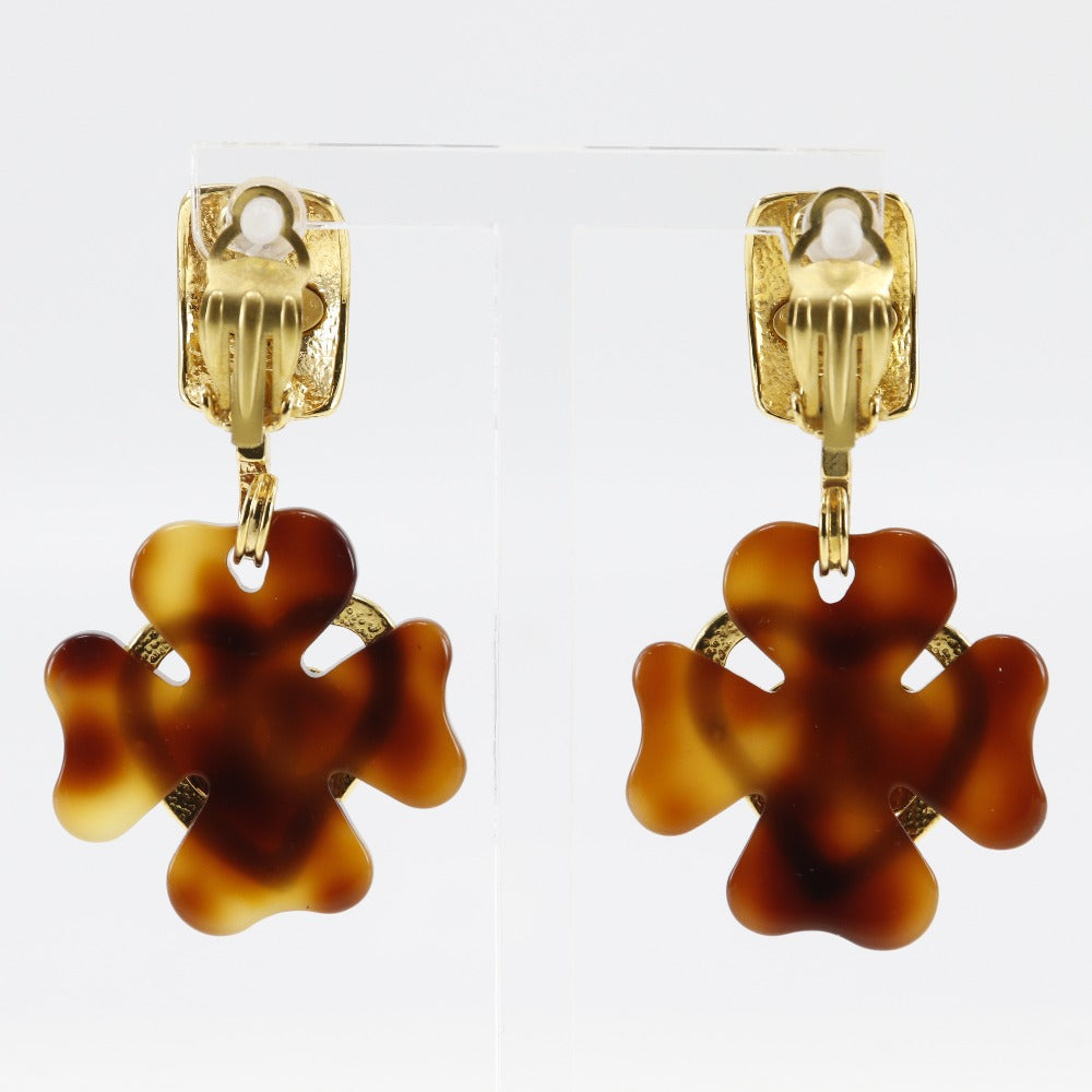 CHANEL Earring Plated Gold , Plastic Brown vintage Clover COCO Mark Heart Women Used Authentic