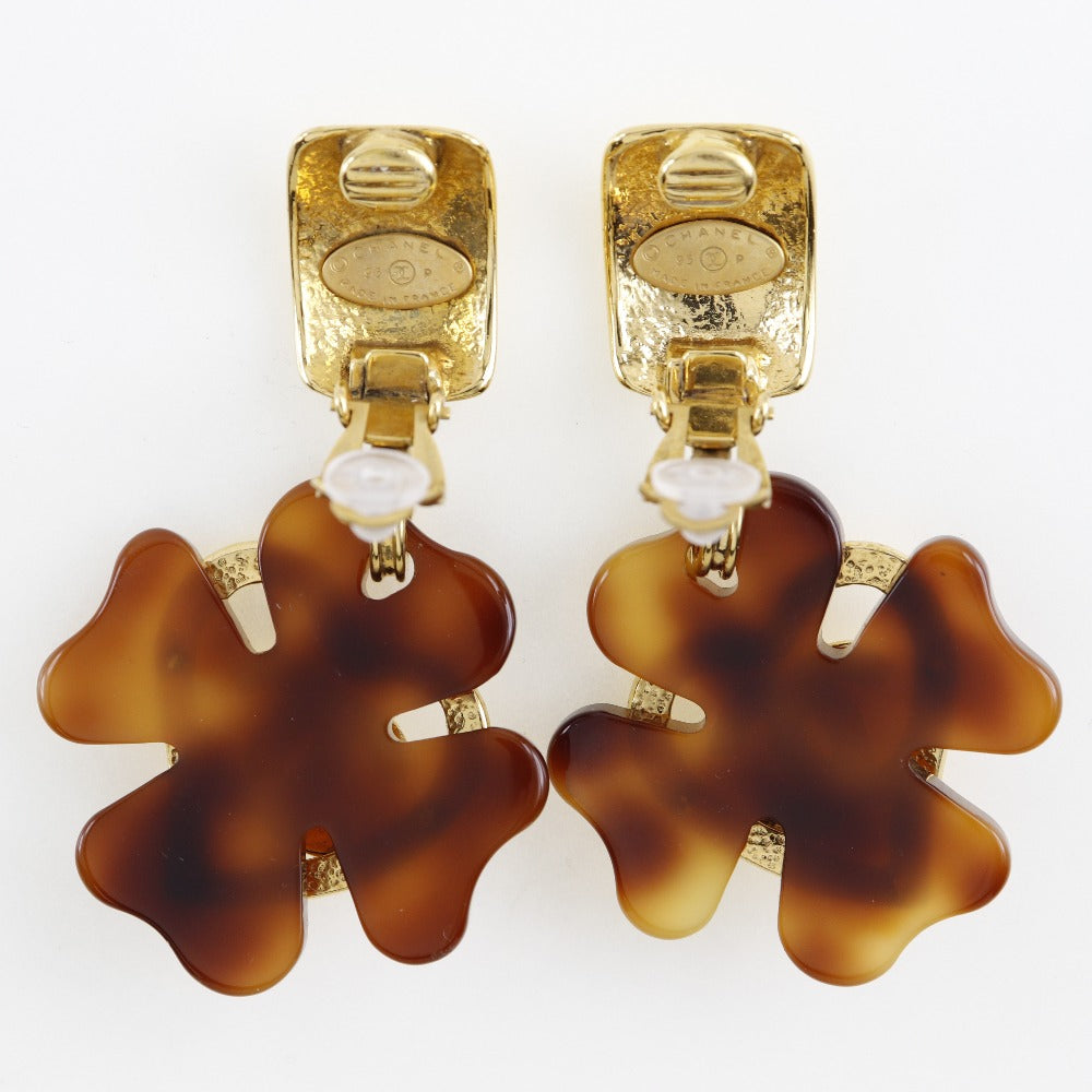 CHANEL Earring Plated Gold , Plastic Brown vintage Clover COCO Mark Heart Women Used Authentic