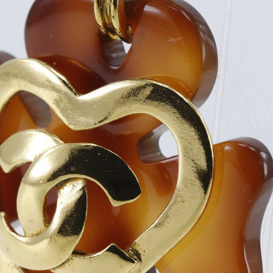CHANEL Earring Plated Gold , Plastic Brown vintage Clover COCO Mark Heart Women Used Authentic