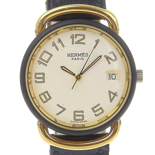 HERMES Watches Quartz Stainless Steel, Plated Gold, Leather gold Pullman White dial mens Used Authentic