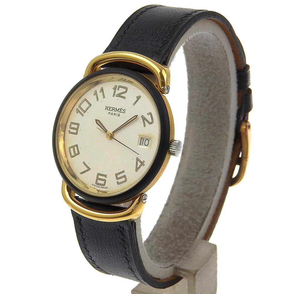 HERMES Watches Quartz Stainless Steel, Plated Gold, Leather gold Pullman White dial mens Used Authentic