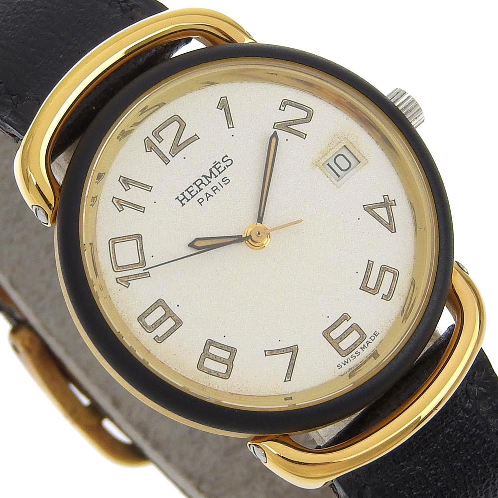 HERMES Watches Quartz Stainless Steel, Plated Gold, Leather gold Pullman White dial mens Used Authentic