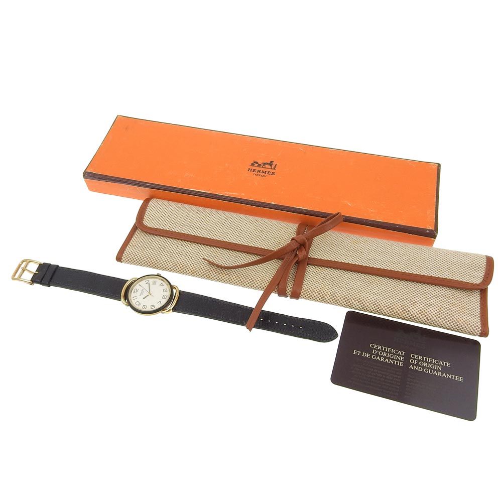 HERMES Watches Quartz Stainless Steel, Plated Gold, Leather gold Pullman White dial mens Used Authentic
