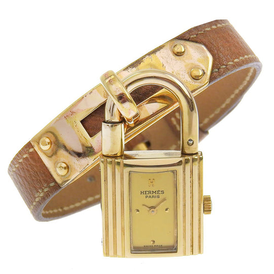 HERMES Watches Quartz Plated Gold , Leather gold vintage Kelly watch gold dial Women Used Authentic