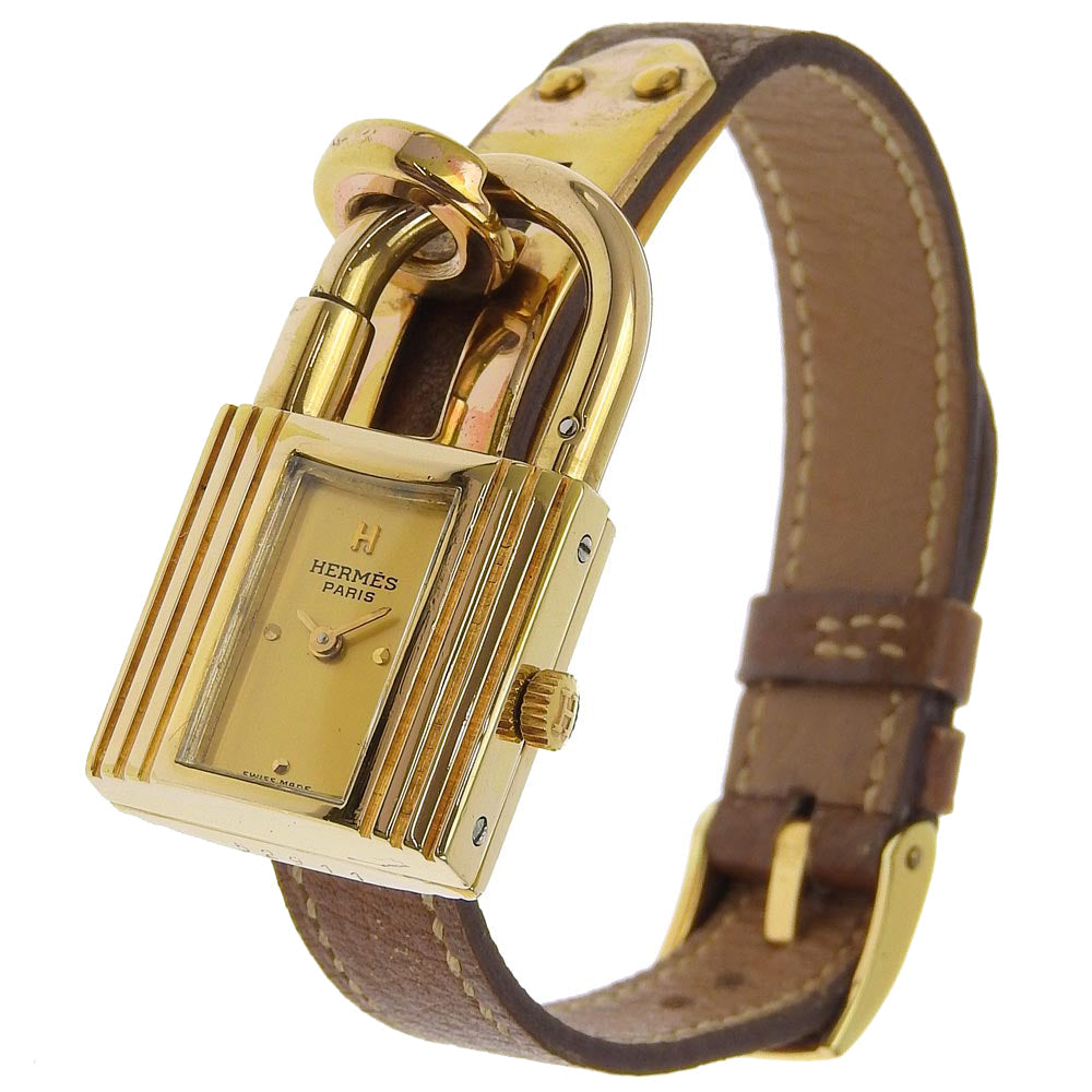 HERMES Watches Quartz Plated Gold , Leather gold vintage Kelly watch gold dial Women Used Authentic