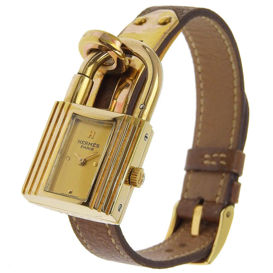 HERMES Watches Quartz Plated Gold , Leather gold vintage Kelly watch gold dial Women Used Authentic