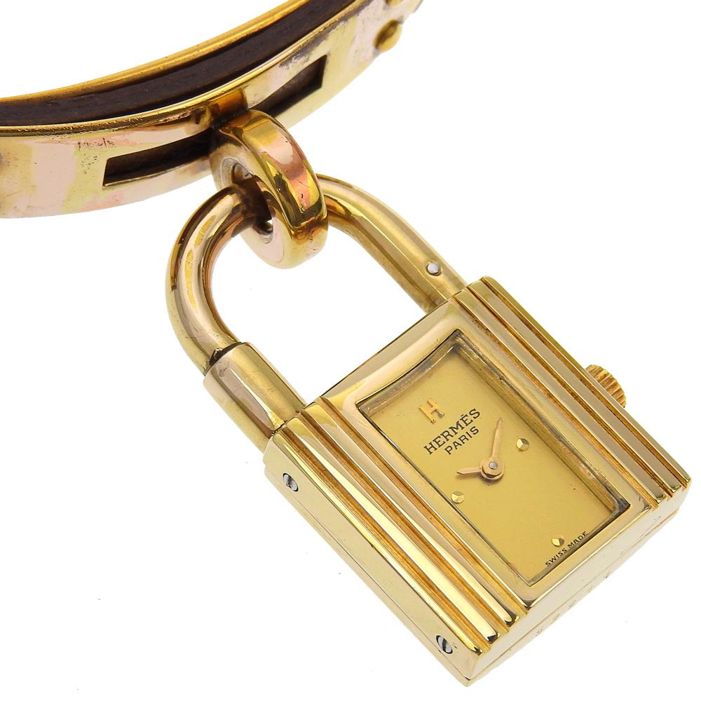 HERMES Watches Quartz Plated Gold , Leather gold vintage Kelly watch gold dial Women Used Authentic