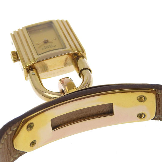 HERMES Watches Quartz Plated Gold , Leather gold vintage Kelly watch gold dial Women Used Authentic