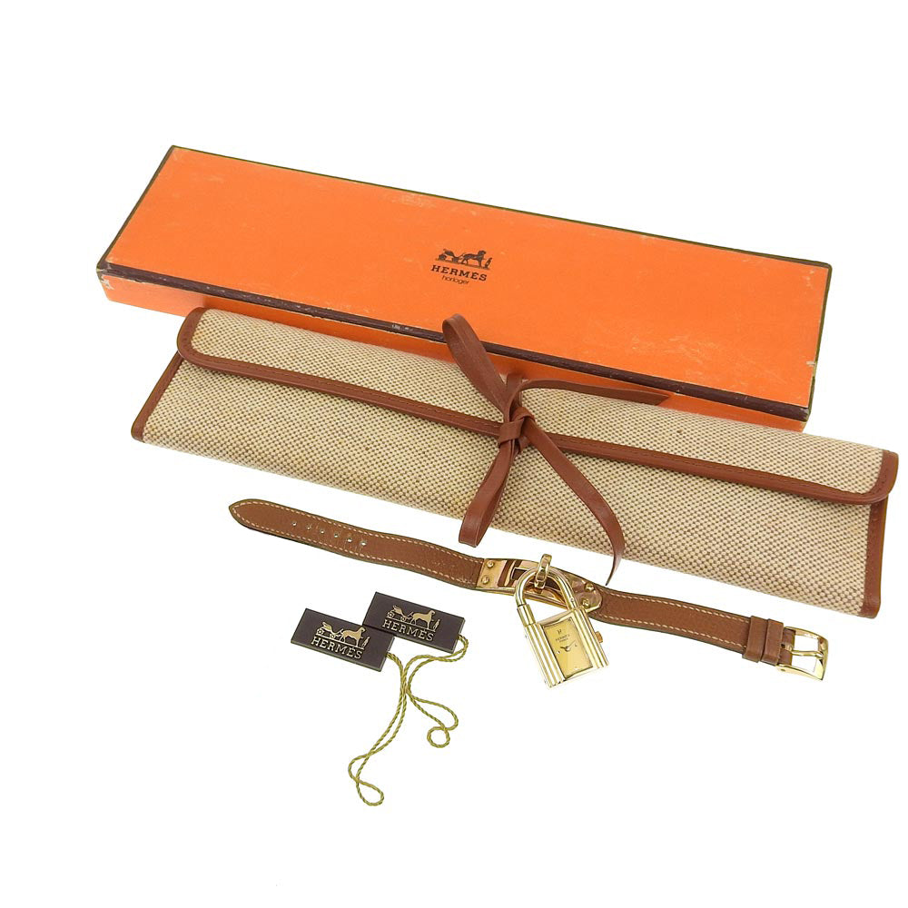 HERMES Watches Quartz Plated Gold , Leather gold vintage Kelly watch gold dial Women Used Authentic