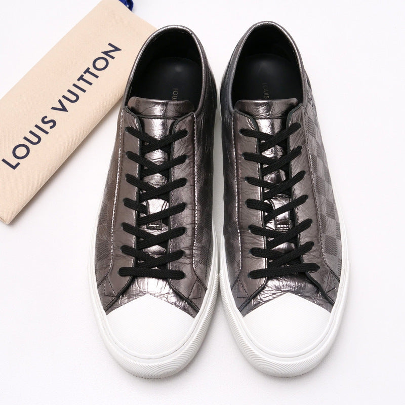 LOUIS VUITTON sneakers Genuine Leather Silver Tenis Tattoo mens 8 Used Authentic