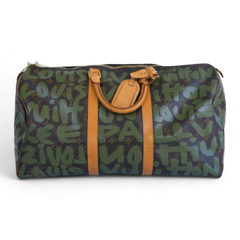 Louis Vuitton Keepall 50 Camo Monogram Canvas Leather Travel Bag Green Brown Unisex