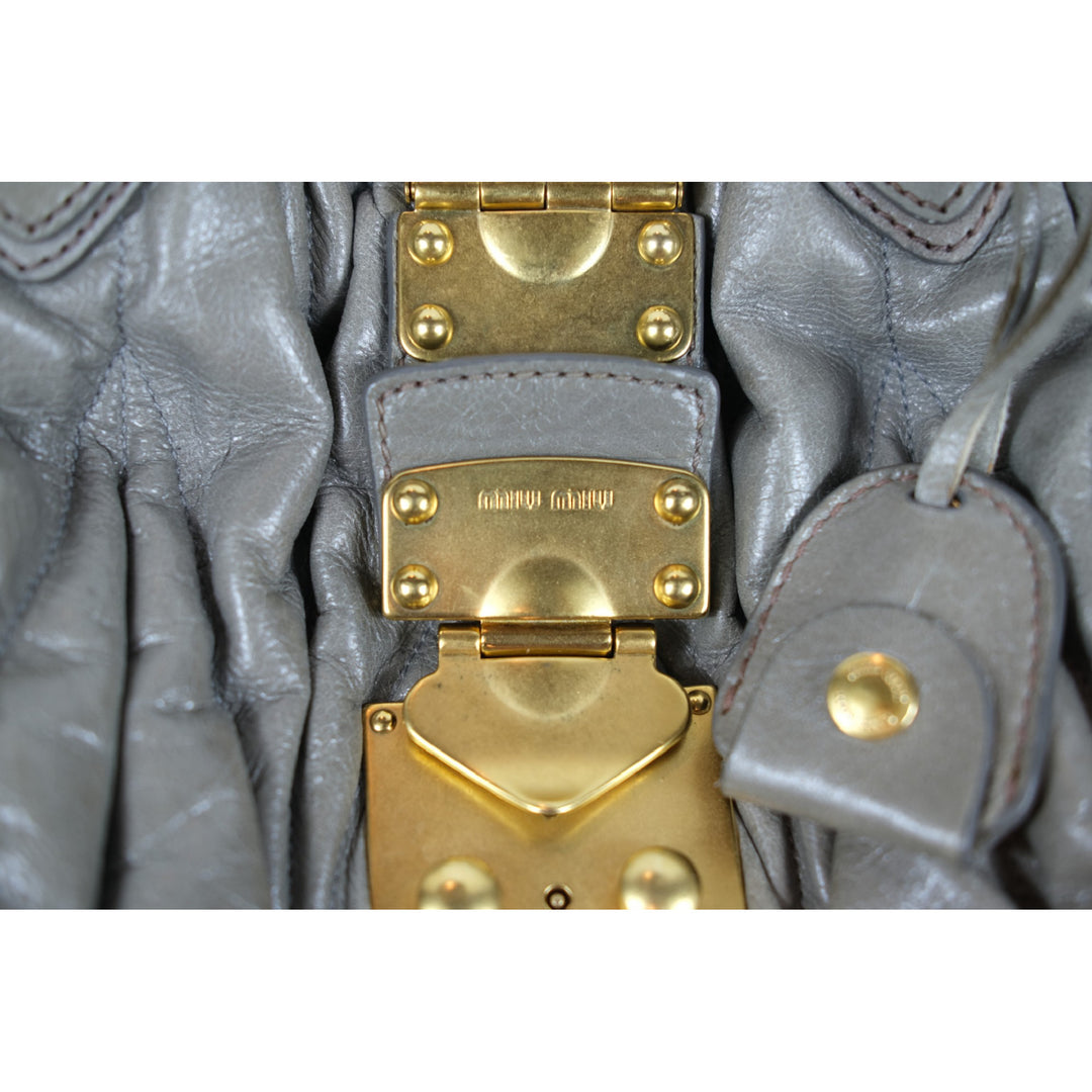 Miu Miu Matelassé Grey Leather Handbag Gold Hardware Women's Purse with Dust Bag