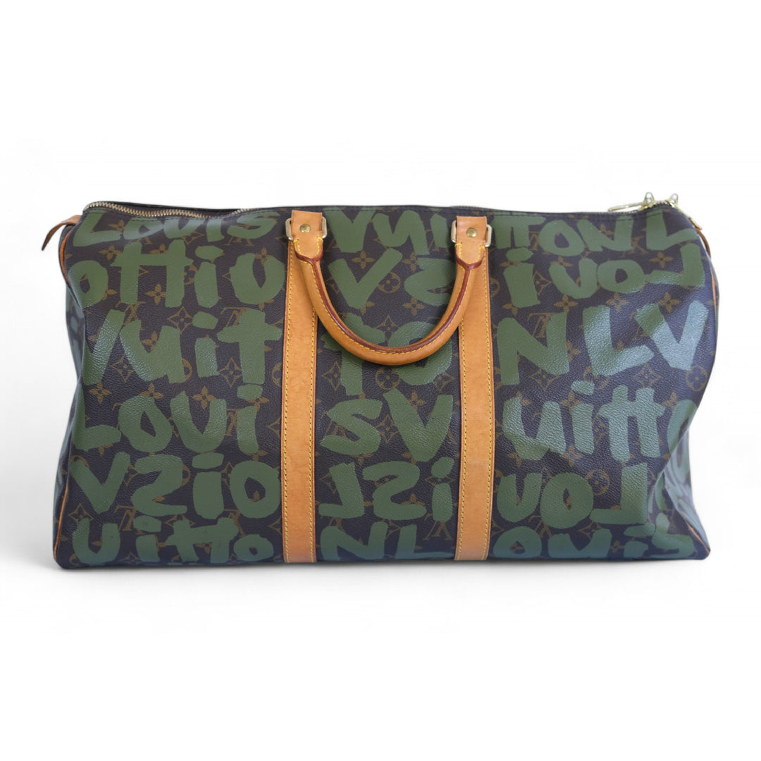 Louis Vuitton Keepall 50 Camo Monogram Canvas Leather Travel Bag Green Brown Unisex