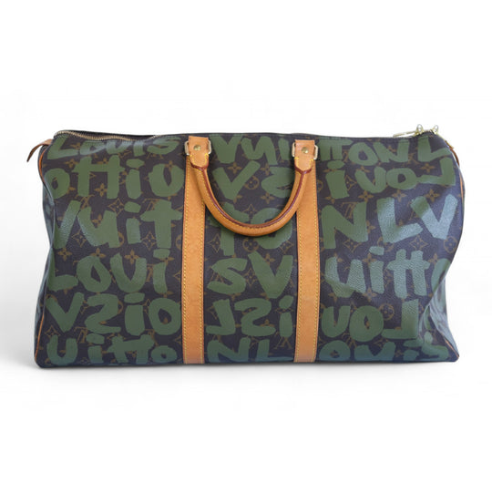 Louis Vuitton Keepall 50 Camo Monogram Canvas Leather Travel Bag Green Brown Unisex